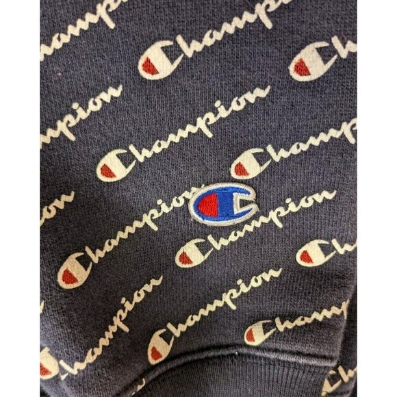 Champion Reverse Weave Hoodie Men Medium Navy Sweater All Over Print Sweatshirt - Picture 5 of 8